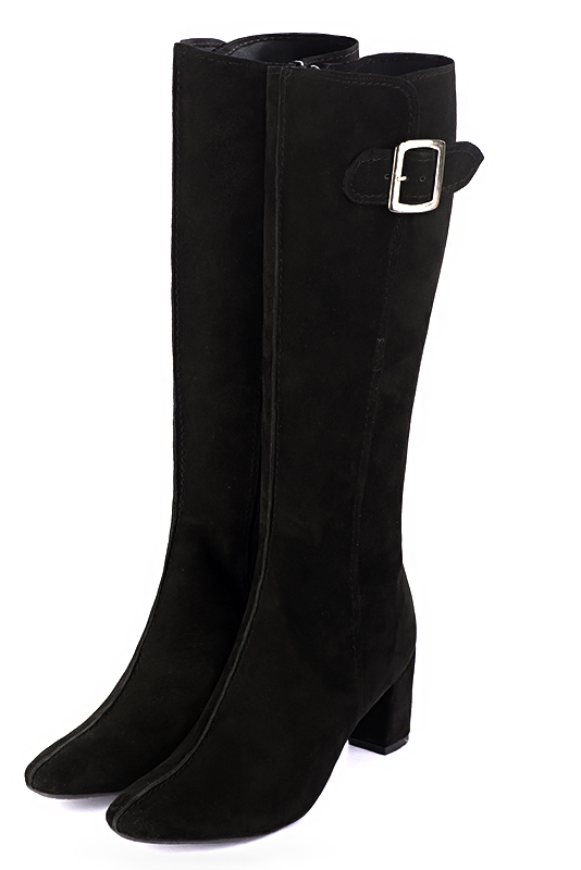 Matt black women's knee-high boots with buckles. Round toe. Medium block heels. Made to measure. Front view - Florence KOOIJMAN